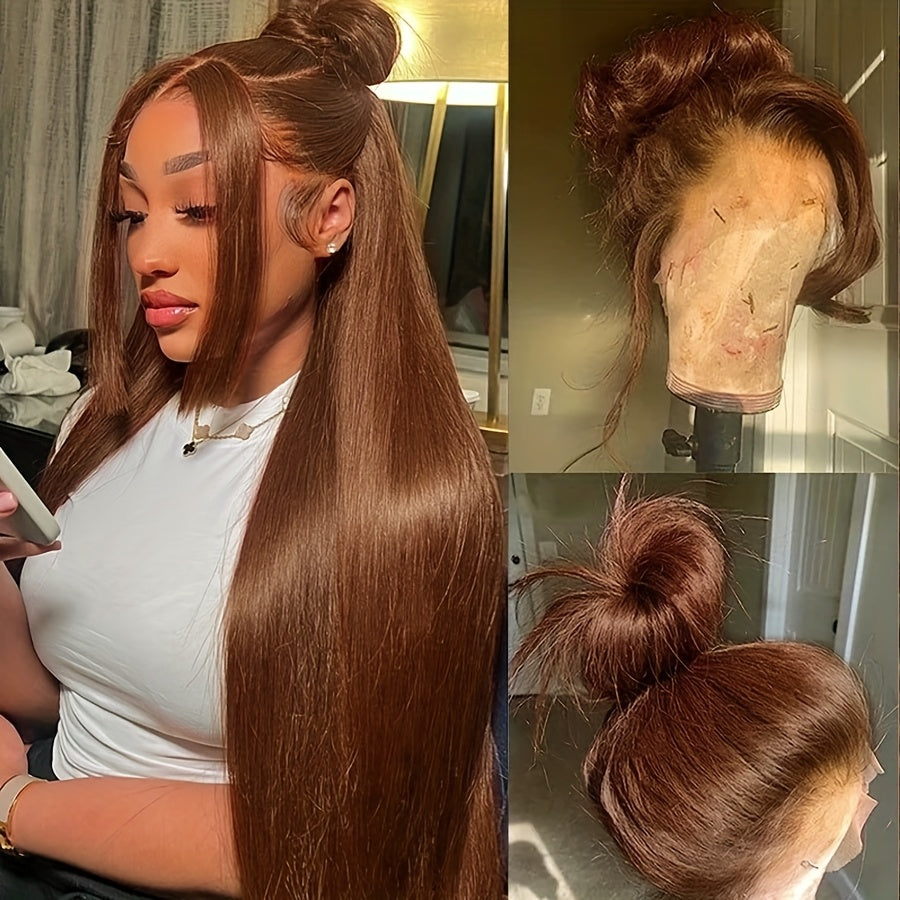 250% Density Chocolate Brown Straight Human Hair Wig - 13x5 HD Lace Front, Pre-Plucked Natural Hairline, Brazilian Remy Hair for Women, Long Silky Straight Style, Perfect for Everyday Glamour